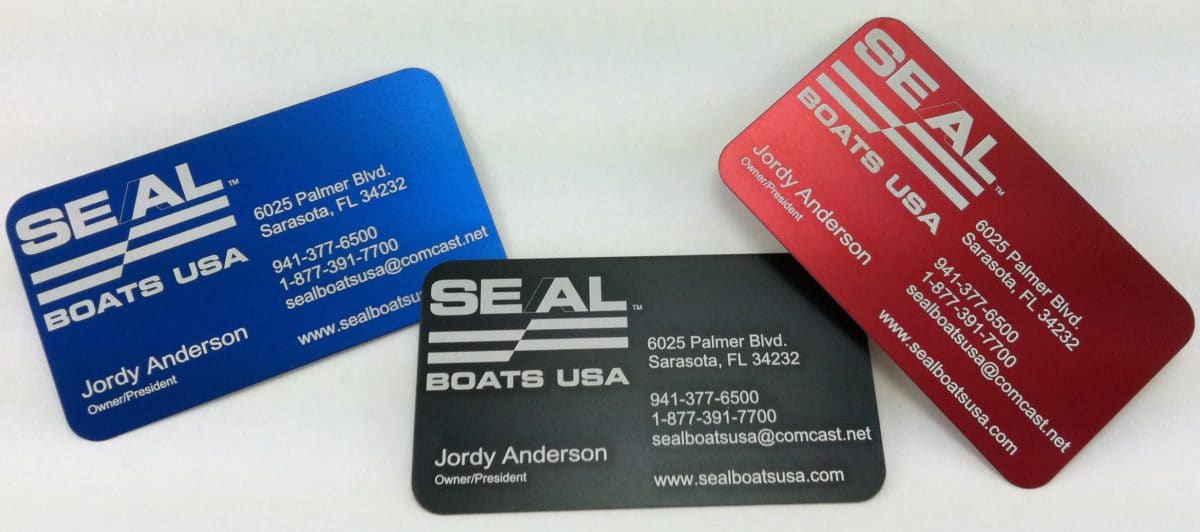 Aluminum business cards laser engraved, laser marked or laser etched by Accubeam laser Marking in Florida.